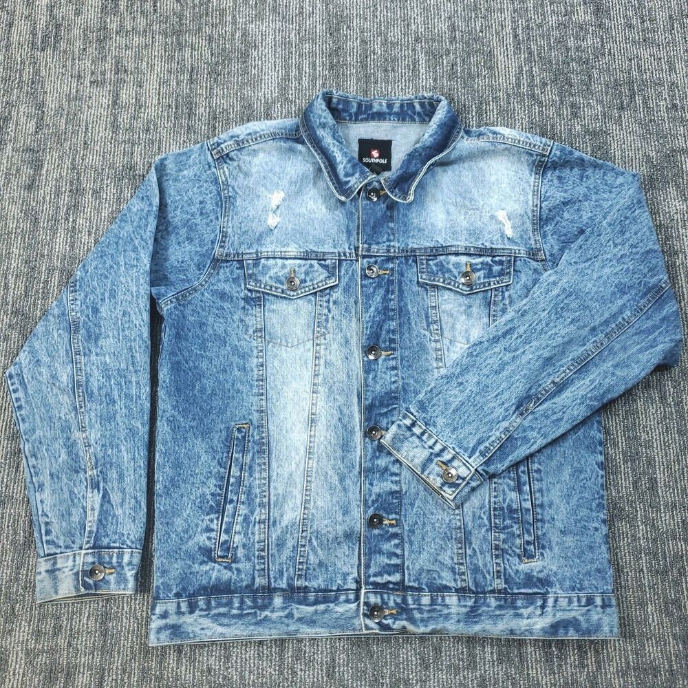 Vintage SouthPole Acid Wash Trucker Distressed Y2K Denim Jean Jacket Mens XL
